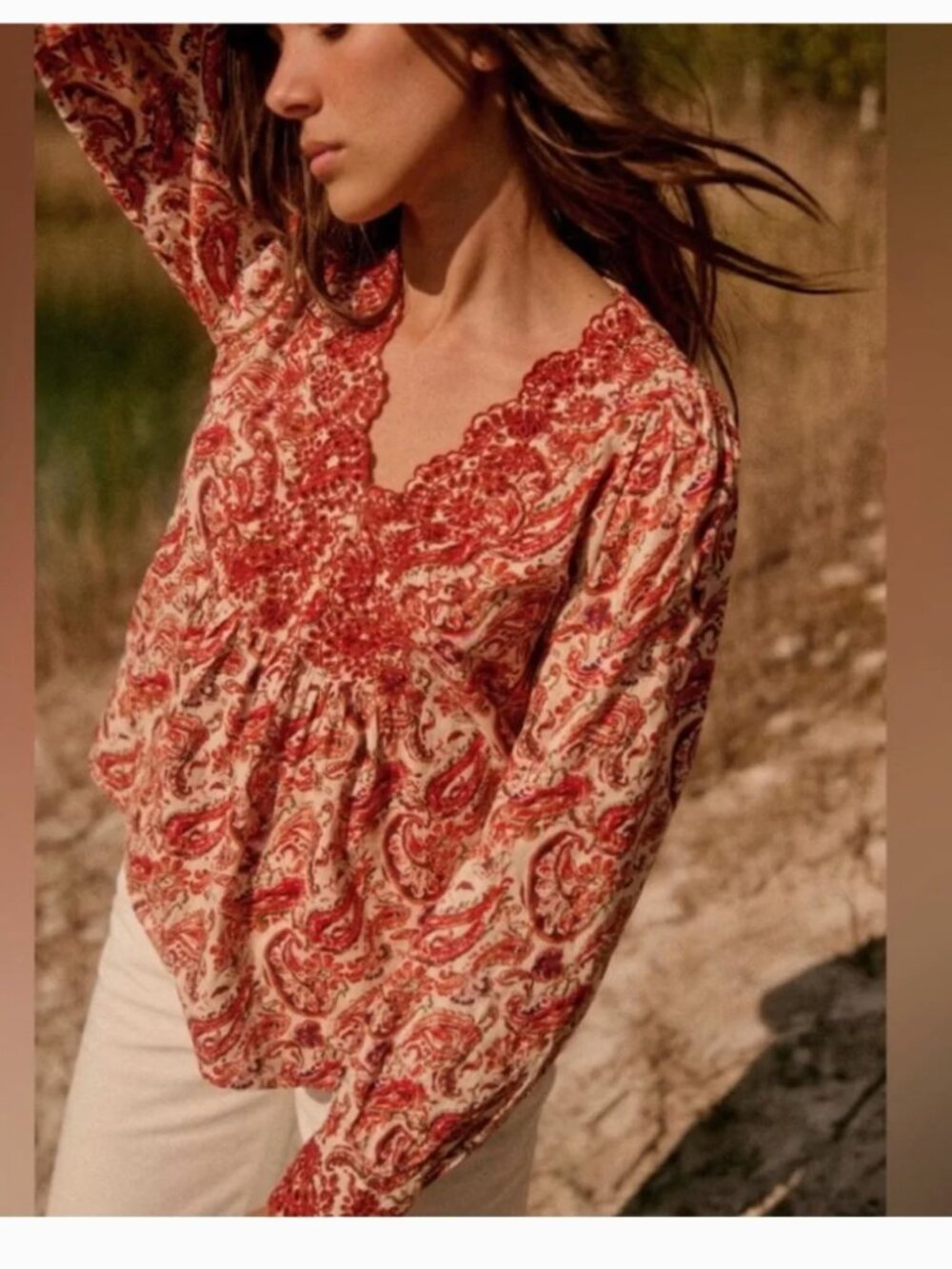 Sezane Vadim Red and Cream Paisley V-Neck Smocked Blouse